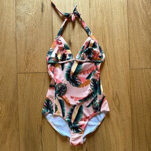 Cute retro tropical one-piece swimsuit, M